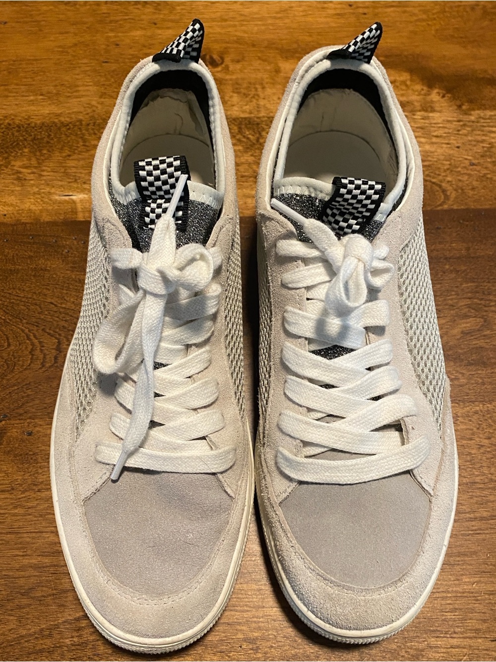 Steve Madden White and Gray Low-Top Sneakers with Checkerboard Tongue